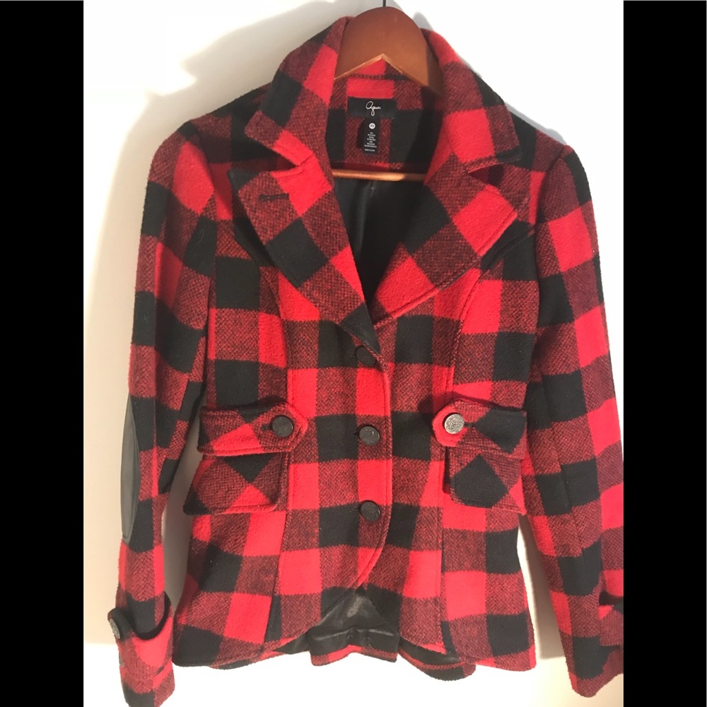 Aqua red and black plaid jacket or peacoat XS.